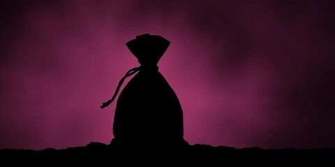 Black silhouette of a tied money bag, bold outline,   assets, money bag