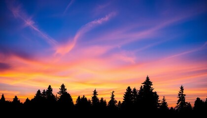 Blue mountain range silhouette, dark forest trees against vibrant sky,  horizon,  nature
