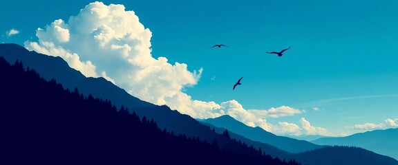 Blue silhouette mountain landscape, birds flying, cloudy sky, forest hills vector art,  view,  beautiful