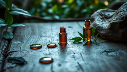 Calming essential oil drops on wood, zen setting,  tranquility,  comfort
