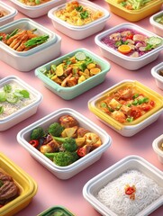 Assorted take-out food containers filled with colorful dishes