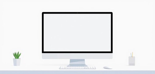 Clean, minimalist vector illustration of a computer with a blank screen, ideal for showcasing designs,  template,   white