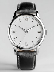Classic wristwatch with leather band, white background, timeless elegance
