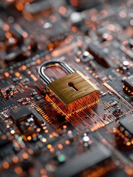 cyber security, abstract computer chip, technology background with a padlock, internet security and data protection