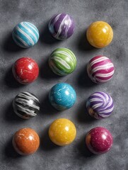 Obraz premium Colorful candy balls are arranged on a gray-black paper background in the format of a horizontal
