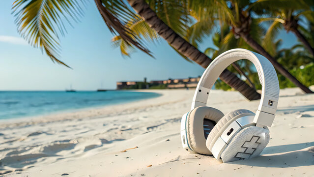 White wireless headphones on beach sand tropical vacation audio music listening summer getaway relaxation - Powered by Adobe