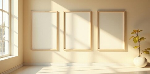 Empty frames, beige wall, sunlit room, minimalist , picture frame, display