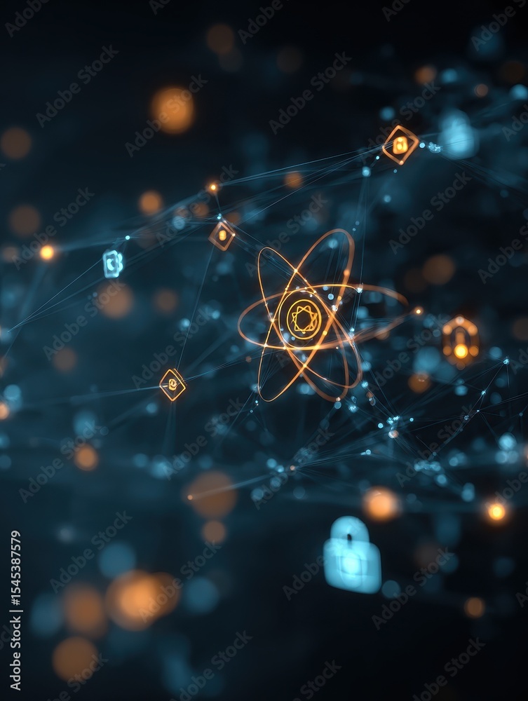 Poster vibrant abstract quantum network with digital keys and lock icons showcasing the cutting edge applic
