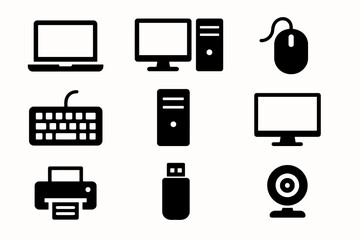 Computer equipment icon set with monitor, keyboard, mouse, printer, flash drive, and webcam in solid black vector style.