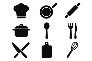 Kitchen icon pack including chef hat, frying pan, pot, spoon, fork, knife, whisk, and cutting board in bold black style.