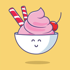 Cute ice cream vector in a bowl with cherry fruit topping