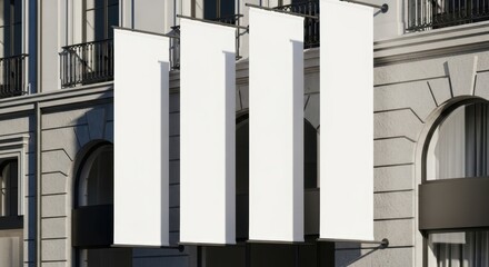 Blank Vertical Banners Hanging on Building Exterior Mockup