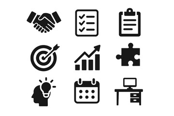 Business planning icons with checklist, calendar, desk, graph, puzzle, lightbulb, and handshake for productivity tools.