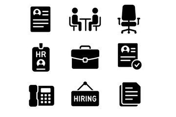 Recruitment icon pack including resume, interview, hiring board, briefcase, and HR badge in solid black vector style.
