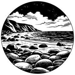 Rocky beach meets the sea under a cloudy sky in black and white