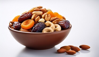 a bowl full of mixed dry fruits nuts dates healthy nutrients protiens isolated on transparent background