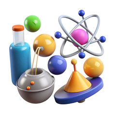 Science laboratory equipment and atom model isolated on transparent background