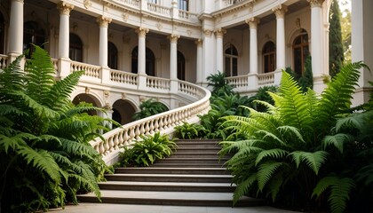 Fototapeta premium Curved Staircase with Lush Courtyard.