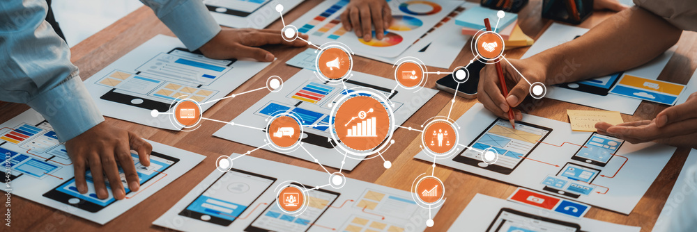 Poster A dynamic setting showcasing teamwork and analysis with hands collaborating over charts, graphs, and marketing strategies spread across a table. Amity