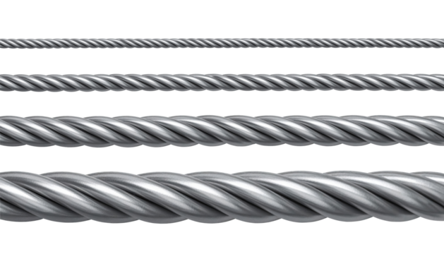 Realistic metallic ropes of different thicknesses on transparent background