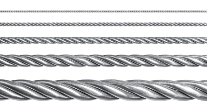 Twisted steel cables of different thicknesses showing industrial strength