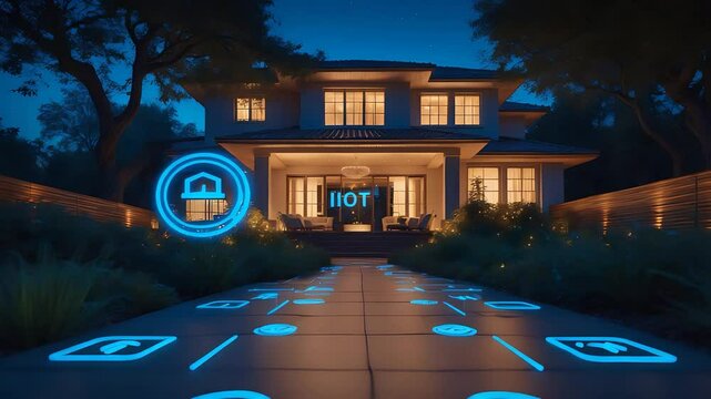 Futuristic Smart Home Exterior with Glowing IoT Network Interface and Digital Icons Along Illuminated Path in Night Scene

