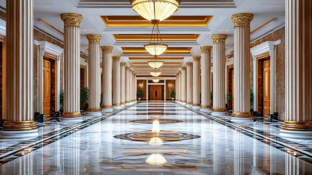 Grand colonnaded hall with polished marble floor and ornate golden accents