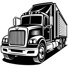 Black and white illustration of a semi truck with trailer