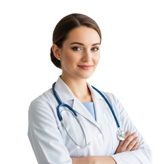 Smiling Female Doctor Confidently Posing with Stethoscope A Portrait of Healthcare Professionalism and Trust in a Transparent Backdrop
