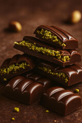 Obraz premium Delicious Dark Chocolate Bars with Crunchy Pistachio Filling on Brown Background, Close-Up of Gourmet Dessert Sweets