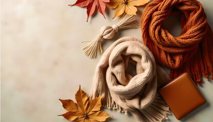 Autumn Fashion Accessories Flatlay with Knit Scarves and Leather Wallet