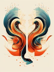 Abstract digital artwork featuring abstract swirling patterns in vibrant shades of blue and red with orange highlights