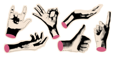 Retro pop art hand gestures halftone dotted vintage retro style. Bold, expressive design perfect for creative visual storytelling.