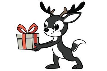 Happy cartoon reindeer holds a present box with a red ribbon, and is quite cheerful
