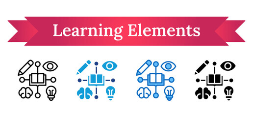 Learning Elements Multi Style Icon - Grid of book, brain, light bulb, pencil and eye, depicting various modes of learning