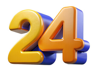 Obraz premium 3d render of number 24 yellow orange blue isolated on transparent background