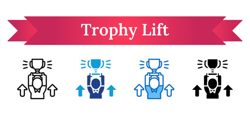 Trophy Lift Multi Style Icon - A person lifting a trophy with upward arrows, symbolizing recognition, success, or achievement