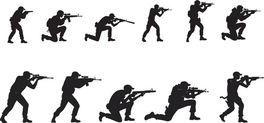 Silhouettes of Armed Men in Shooting Poses – Vector Gunman Illustration Set Isolated on White background