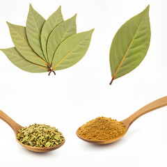 Bay leaf whole and ground set isolated on white background