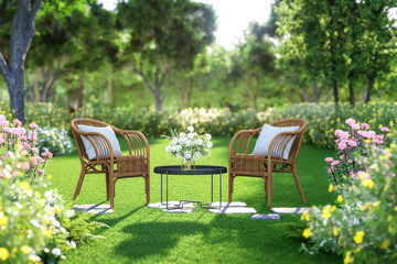 3d render of a serene garden patio with two wicker chairs and a small table holding a white flower vase, surrounded by lush greenery in a peaceful natural setting.