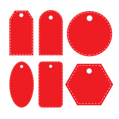 Set of six red price tags in different shapes circle, oval, rectangle, hexagon with stitched borders and holes for hanging. Ideal for sales, discounts, labels, or promotional designs.
