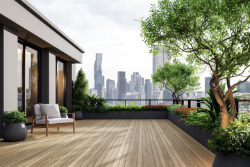 Modern contemporary green garden terrace with city view background 3d render there are wooden floor decorated with fabric chair