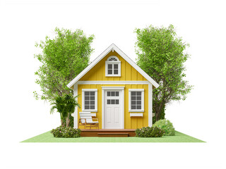 Front view of modern style small yellow house on the green lawn isolated on white background with clipping path 3d render There are plank wall surrounded by nature