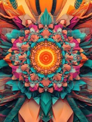 Colorful abstract digital artwork featuring a complex and intricate mandala-like pattern with vibrant hues and shapes, including stars, suns, flowers, and geometrical designs