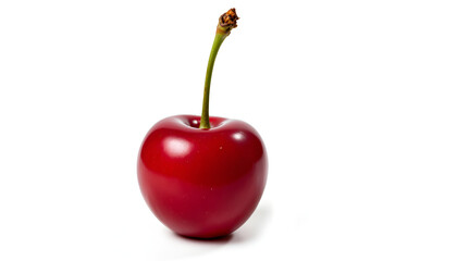 Fresh Red Cherry with Green Stem Isolated on White Background