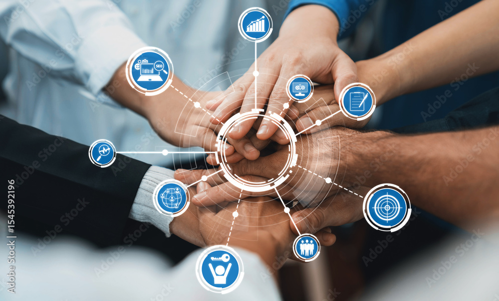 Poster engaging visual representation of teamwork with diverse hands coming together, surrounded by digital