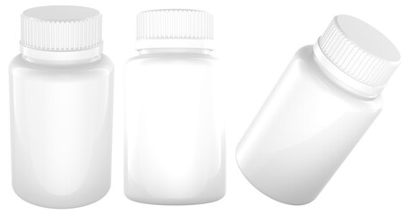 Plastic medical bottles with screw caps. Blank packaging for vitamins, supplements, pills or medicine. 3D rendering isolated on transparent background