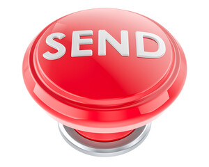 SEND red push button. 3D rendering isolated on transparent background