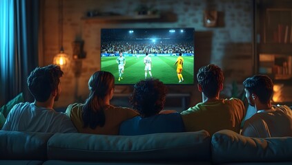 Friends are sitting on a couch watching a soccer game on a television Male Boys AI Generated
