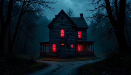 Haunting Old House Surrounded by Dark Trees and Foggy Atmosphere